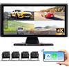 Hodozzy 4K Kit Telecamera Retromarcia con 4 AHD Telecamera Posteriore, CarPlay Android Auto, 10,36 Pollici Touch Screen 4 Monitor Divisi Bluetooth FM Registrazione Loop USB/TF CarPlay Schermo Auto