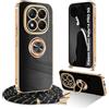 Ptny Cover con Laccio per Xiaomi Redmi Note 14 Pro 5G Custodia, Glitter Placcatura Phnom Penh Design con Anello Supporto Cover con Supporto Magnetico Auto, Custodia con Regolabile Collana, Nero