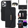 Cavor Cover compatibile con iPhone 14 Pro Max Custodia con Cordino,Flip Portafoglio Custodia pelle,[Specchio][5 Porta Carte][Magnetica] Cover con Laccio - Nero