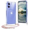 CaseLover Cover compatibile con iPhone 16 Plus con Cordino, Trasparente Custodia con Laccio Tracolla Cellulare Girocollo Collana Case Hard PC Fondello+TPU Bumper Antiurto Protettiva Cover, Oro Rosa