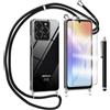 TTSWJBD Cover per Ulefone Note 20 Pro e Vetro Temperato Custodia con Cordino Silicone Trasparente Morbida Cover Cellulare Girocollo Collana Necklace Protettiva Bumper Antiurto TPU Case, Nero