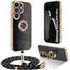 Ptny Cover con Laccio per Samsung Galaxy S25 Ultra Custodia, Glitter Placcatura Phnom Penh Design con Anello Supporto Cover con Supporto Magnetico Auto, Custodia con Regolabile Collana, Nero