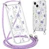 Krdvekm Cordino Cover per iPhone 14 / iPhone 13 6,1'', Aesthetic Fiori Motivo Disegno Magnetica Trasparente PC Compatibile con MagSafe Case Corda Laccio Antiurto Protettiva Custodia per Ragazze, Viola