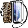 Saqmkil 360 Gradi Full Body Cover per Samsung Galaxy S21 5G 6,2 con Cordino, Aesthetic Disegni Motivo Trasparente Custodia, PC Protettiva Case con Laccio Tracolla per Samsung S21 5G, leopardata 01