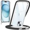 caslord Trasparente Cover con Cordino per iPhone 15 | 1,6 m Regolabile | Antiurto | Anti-ingiallimento | Anti-Graffio | Nero