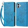KENHONER Compatibile Cover con iPhone 16 Plus,Cover per iPhone 16 Plus, Premium Pelle PU Portafoglio Flip Libro Custodia Cover per iPhone 16 Plus [Protezione Completa] - Blu Farfalla