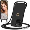 Eherui Cover per iPhone 16 Pro Max con Cordino, Custodia con nastri Collana Regolabile Morbida in silicone Case con Motivo Cuore AntiGraffio Antiurto Protettiva Cover per iPhone 16 Pro Max,Nero