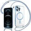 Pnakqil Magnetica Cover con Cordino per iPhone 12 Pro, Compatibile con Magsafe Ricarica Wireless, Trasparente Placcatura Disegno Custodia con Collana con Regolabile Laccio Tracolla, Blu