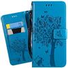 Ougger Custodia per Huawei P Smart 2019 Custodia, Portafoglio Pelle Magnetico Morbido Protettivo Silicone Flip Borsa Cover per Huawei P Smart 2019 con Porta da Visita, Gatto e Albero (Azzurro)