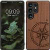 kwmobile Custodia Compatibile con Samsung Galaxy S25 Ultra Cover - Back Case in Legno con Bumper in Silicone TPU - Bussola Vintage Marrone Scuro