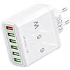 Inajoke 65 W Caricabatterie USB multiplo, 6 porte con QC 3.0 e USB 3.1, adattatore CA universale per Samsung Galaxy iPhone17/16/15/14/13/12/11/SE iPad Huawei Pixel Ricarica rapida e sicura