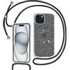Tikgue Cover per iPhone 15, Custodia con Cordino Silicone Glitter Brillantini Trasparente Morbida Cover con Collana Sottile Protettiva Bumper Antiurto TPU Case - Nero