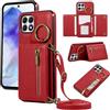 YANJIEER ESONG Cover per Samsung Galaxy A22 5G Portafoglio Case con Cordino Cinturino e Ring,Custodia A Libro In Pelle Flip Cerniera,Caso per Donna Con Porta Carte,Magnetica,Supporto Rosso