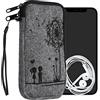 kwmobile Custodia in feltro con zip per Smartphone XL - 6,7/6,8 - Astuccio portacellulare a sacchetto con cerniera e ricamo - Borsa Amore nero/grigio chiaro