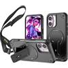 Ysnzaq Cover per Apple iPhone 16 Plus con Cordino, [Compatibile con MagSafe] Militare Rigido PC Resistente Antiurto con Supporto Case Custodia per iPhone 16 Plus/Apple 16 Plus.DG Black