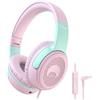 RockPapa Share 1 Cuffie per Bambini, Cuffie con Filo e Microfono per Bambina Ragazzi, 85/94dB Limitatore di Volume, Funzione Condivisione, Cuffie Pieghevoli per Scuola/Telefono/PC, Rosa Verde