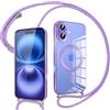 Pnakqil Magnetica Cover con Cordino per iPhone 16 Plus, Compatibile con Magsafe Ricarica Wireless, Trasparente Placcatura Disegno Custodia con Collana Laccio Tracolla per iPhone 16 Plus, Purple