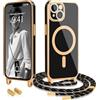 Wirvyuer Magnetica Cover per iPhone 14 Custodia con Cordino,Nero | Compatibile con MagSafe,Cover con Collana Regolabile,Protezione Fotocamera,Galvanico Morbido Silicone Case con Tracolla