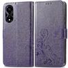 RankOne Custodia in Pelle per HONOR X5 Plus (6.56 Inches), Cover a Portafoglio con 3 Fessure per Carte 1 Tasca Portamonete Motivo Quadrifoglio - Viola scuro
