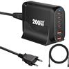 QUTIASE Caricatore USB C 200W, 6 Porte (4C+2A) Caricabatterie Rapido GaN III, Stazione di Ricarica USB, Alimentatore PD+QC per iPhone, iPad, MacBook Pro, Laptop Dell - Nero con Cavo USB C da 1,5m 100W