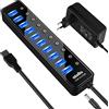 atolla Hub USB attivo 3.0 con alimentatore, 10 porte USB 3.0 Hub con alimentatore di rete da 30 W (12 V/2,5 A), adattatore multiplo USB 3.0 con pulsante di accensione/spegnimento per PC, chiavetta USB
