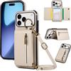 YANJIEER ESONG Cover per iPhone 17 PRO Portafoglio Case con Cordino Cinturino e Ring,Custodia A Libro In Pelle Flip Cerniera,Caso per Donna Con Porta Carte,Magnetica,Supporto Beige