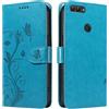 XFDSFDL® Custodia protettiva per Huawei P Smart FIG-LX1/LX2/LX3 (5,65 pollici), in pelle PU, motivo mandorlo, con supporto, cordino, a portafoglio, in rilievo, colore: blu