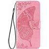 BARBARIAN Cover per Samsung Galaxy M13 4G Custodia, 3D in Farfalla Rilievo Pelle Portafoglio Case con Porta Carte, Magnetica Caso con Funzione Stand. Rosa