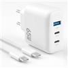 Paicreate Caricabatterie USB-C da 65 W a 3 porte GaN PD con cavo da 1 m, caricabatterie rapido PPS da 65 W, caricabatterie USB-A e Type-C, compatibile con iPhone 16/15/Pro Max, Samsung S24/S23, iPad Pro/Air