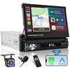 Hikity FM AM Autoradio 1 Din Wireless Carplay, Touch Screen 7 Pollici Schermo Ribaltabile Bluetooth Stereo Auto con Android Auto, Mirror link, Microfono, SWC, Retrocamera