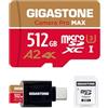 Gigastone [5 Anni Recupero Dati 0] GIGASTONE 512 GB Scheda MicroSDXC con Lettore di Scheda USB3.2 Tipo C, Camera Pro MAX, Scheda di Memoria A2 V30, 4K UHD Video, Fino a 170/140 MB/s con Adattatore