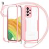 Woijrly Cover per Samsung Galaxy A33 5G con Cordino,360 Gradi Antiurto Trasparente Custodiacon con Protezione Schermo Integrata,Bumper Rugged Custodia con Regolabile Tracolla Corda Collana-Rose