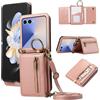 YANJIEER ESONG Cover per Samsung Galaxy Z FLIP 6/FLIP 7 FE Portafoglio Case con Cordino Cinturino e Ring,Custodia A Libro In Pelle Flip Cerniera,Caso per Donna Con Porta Carte,Magnetica,Supporto Rosa