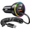 Menibeuty Accendisigari da 75 W, USB-C/A con spirale di tipo C, adattatore per accendisigari, cavo di ricarica rapido da auto, caricatore USB da auto, per Cell Phone 17 16 16e 15 Pro Max S25 S24 Ultra