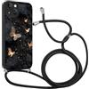 Krdvekm Custodia con Cordino per iPhone 13 Mini 5,4 Cover del Modello Farfalla Nera con Laccio Collana Morbido TPU Bumper Silicone Antiurto Protettivo Case Regolabile Cellulare Girocollo, 05