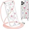 Krdvekm Cordino Cover per iPhone 13 Pro Max 6,7'', Aesthetic Fiori Motivo Disegno Magnetica Trasparente PC Compatibile con MagSafe Case Corda Laccio Antiurto Protettiva Custodia per Ragazze, Rosa