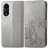 RankOne Custodia in Pelle per HONOR X5 Plus (6.56 Inches), Cover a Portafoglio con 3 Fessure per Carte 1 Tasca Portamonete Motivo Quadrifoglio - Grigio