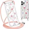 Krdvekm Cordino Cover per iPhone 14 Pro 6,1'', Aesthetic Fiori Motivo Disegno Magnetica Trasparente PC Compatibile con MagSafe Case Corda Laccio Antiurto Protettiva Custodia per Ragazze, Rosa