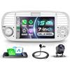 VECHTEL Bianco Autoradio 4G+128G Android 15 per FIAT 500 2007-2015,7'' IPS HD Schermo Tactile co Carplay Android Auto senza Fili, Stereo Auto co GPS Wi-Fi USB/Tipo-C Bluetooth Radio FM RDS Retrocamera