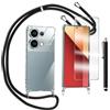 TTSWJBD Cover per Xiaomi Poco M6 Pro 4G/Redmi Note 13 Pro 4G e Vetro Temperato Custodia con Cordino Silicone Trasparente Morbida Cover Cellulare Girocollo Collana Necklace Protettiva TPU Case, Nero
