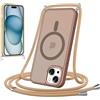 Coalbooliy Cover Magnetica per iPhone 15 con Cordino,Compatibile con Mag-Safe, Custodia Traslucida Opaca Posteriore Sottile Antiurto con Laccio Collo Tracolla Corda Cinghia Case,Marrone