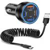 Avatcen Caricatore Auto USB C, 65W 4-Porte QC3.0 & PD30W Adattatore Accendisigari USB Auto Presa Accendisigari 12v Con cavo a Spirale da Tipo C per Samsung S24 S23 S22 S21 Tablet(A-C Cable)