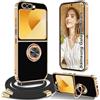 Yutwo Cover Samsung Galaxy Z Flip 6 con Cordino, con Tracolla Antiurto Case 360°Metallo Ring Kickstand Per Auto, Custodia Samsung Galaxy Z Flip 6 con Cordino -Nero