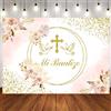 Hnmdmyi 1.5x1m Mi Bautizo Sfondo Dio benedica la prima comunione Boho rosa floreale Fotografia sfondo ragazza battesimo battesimo neonato Baby Shower Party Decorazioni Banner Photo Booth Props