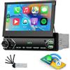 Fuluku Autoradio 1 DIN Wireless CarPlay Android Auto, Schermo Retrattile da 7 Pollici Touch Screen con Bluetooth, FM, Telecamera posteriore, Comandi al Volante