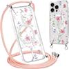 Krdvekm Cordino Cover per iPhone 16 Pro 6,3'', Aesthetic Fiori Motivo Disegno Magnetica Trasparente PC Compatibile con MagSafe Case Corda Laccio Antiurto Protettiva Custodia per Ragazze, Rosa