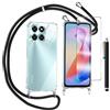 TTSWJBD Cover per Honor X6a e Vetro Temperato Custodia con Cordino Silicone Trasparente Morbida Cover Cellulare Girocollo Collana Necklace Protettiva Bumper Antiurto TPU Case, Nero