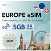 travSIM Europe eSIM | Rete Vodafone | 5 GB di dati con velocità 4G/5G | Roaming 0 nel Regno Unito, in Svizzera e nell'UE | Il piano su eSIM per l'Europa è valido per 30 giorni