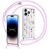 Saqmkil Magnetica Cover con Cordino per iPhone 15 Pro 6,1,Compatibile con MagSafe Custodia con Collana Tracolla Laccio, Trasparente Aesthetic Disegni Fiori Sottile TPU Silicone Antiurto Case, Viola 2