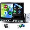 CAMECHO Autoradio 1 Din Senza Fili Carplay Android Radio Bluetooth 7 Pollici con Telecamera Posteriore, IPS Touchscreen HD Schermo con Specchio Link Volante di Controllo + Porte 2USB